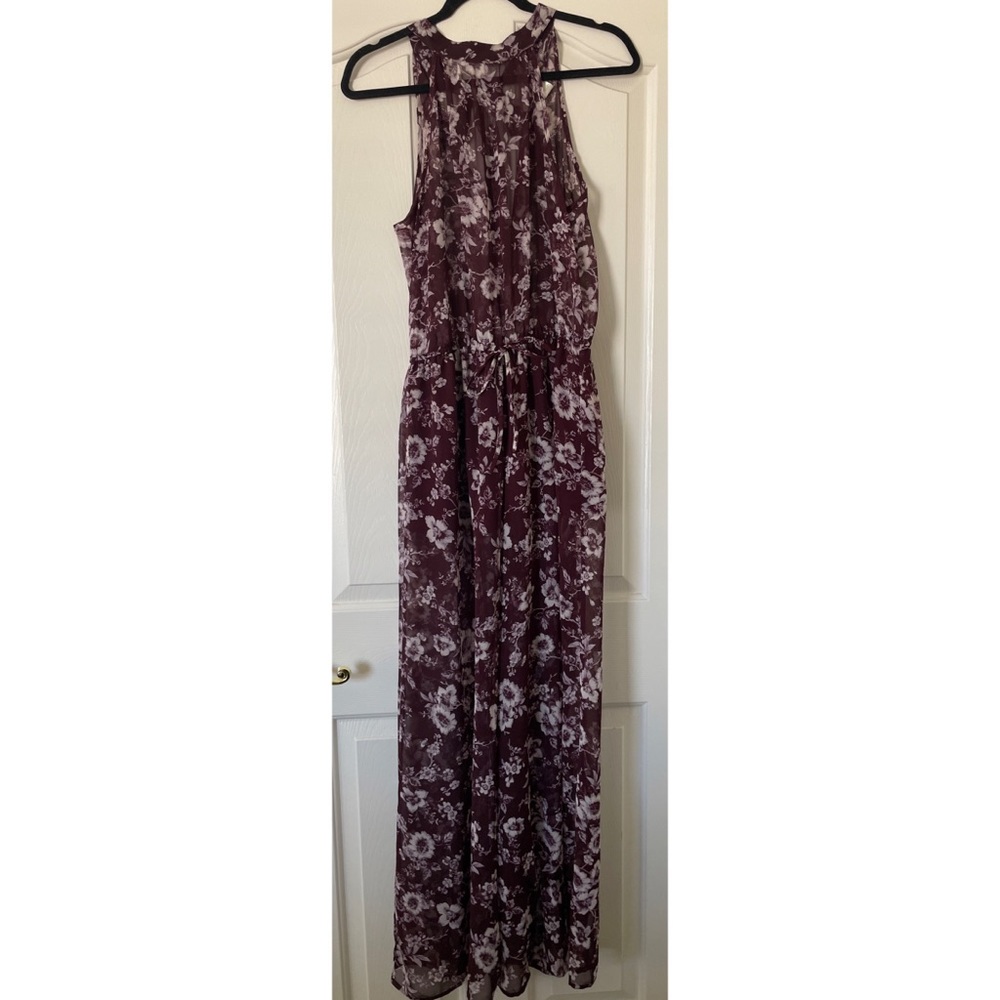 Band of Gypsies Burgundy Floral, High Neck- Wide Leg, Sheer Jumpsuit